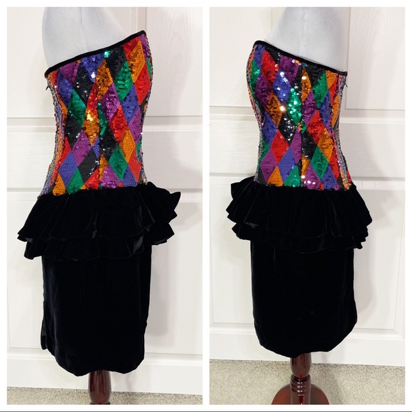 Vintage Julie Duroche for after five sequin velvet peplum dress 80s glam prom - Picture 2 of 9
